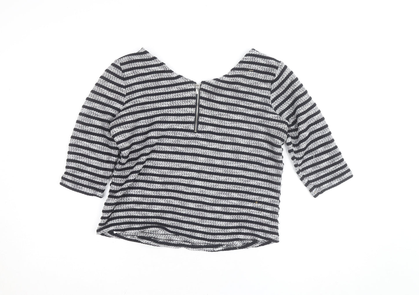 New Look Women’s Black Striped Knit Blouse Size 8 Zip Back 3/4 Sleeve