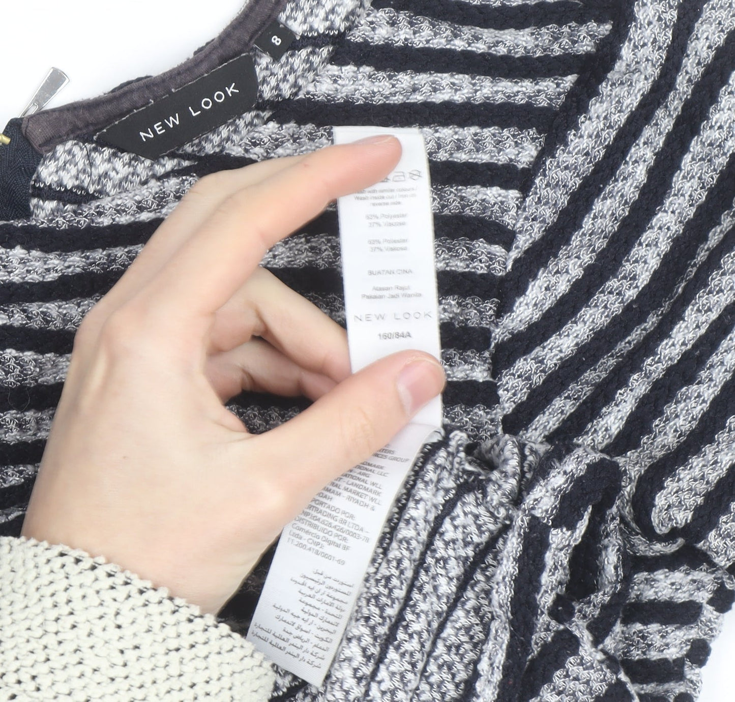 New Look Women’s Black Striped Knit Blouse Size 8 Zip Back 3/4 Sleeve