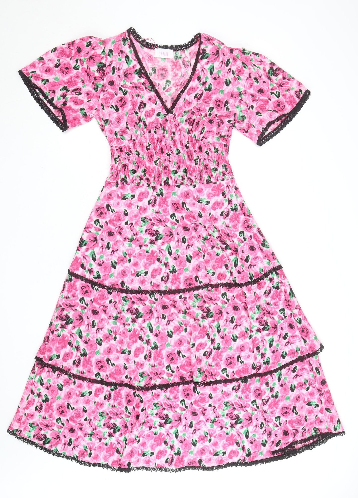 Savida Women's Pink Floral Midi Fit & Flare Dress Size 10