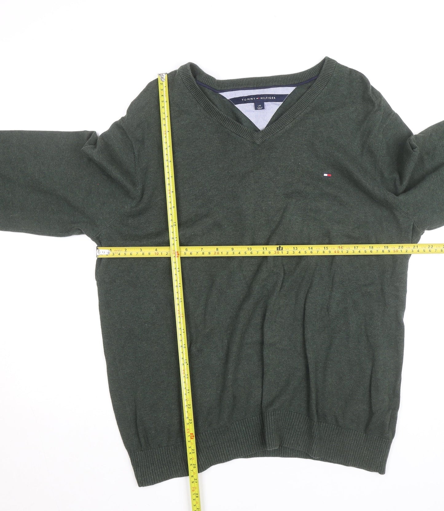 Tommy Hilfiger Mens Green V-Neck Cotton Jumper Size L