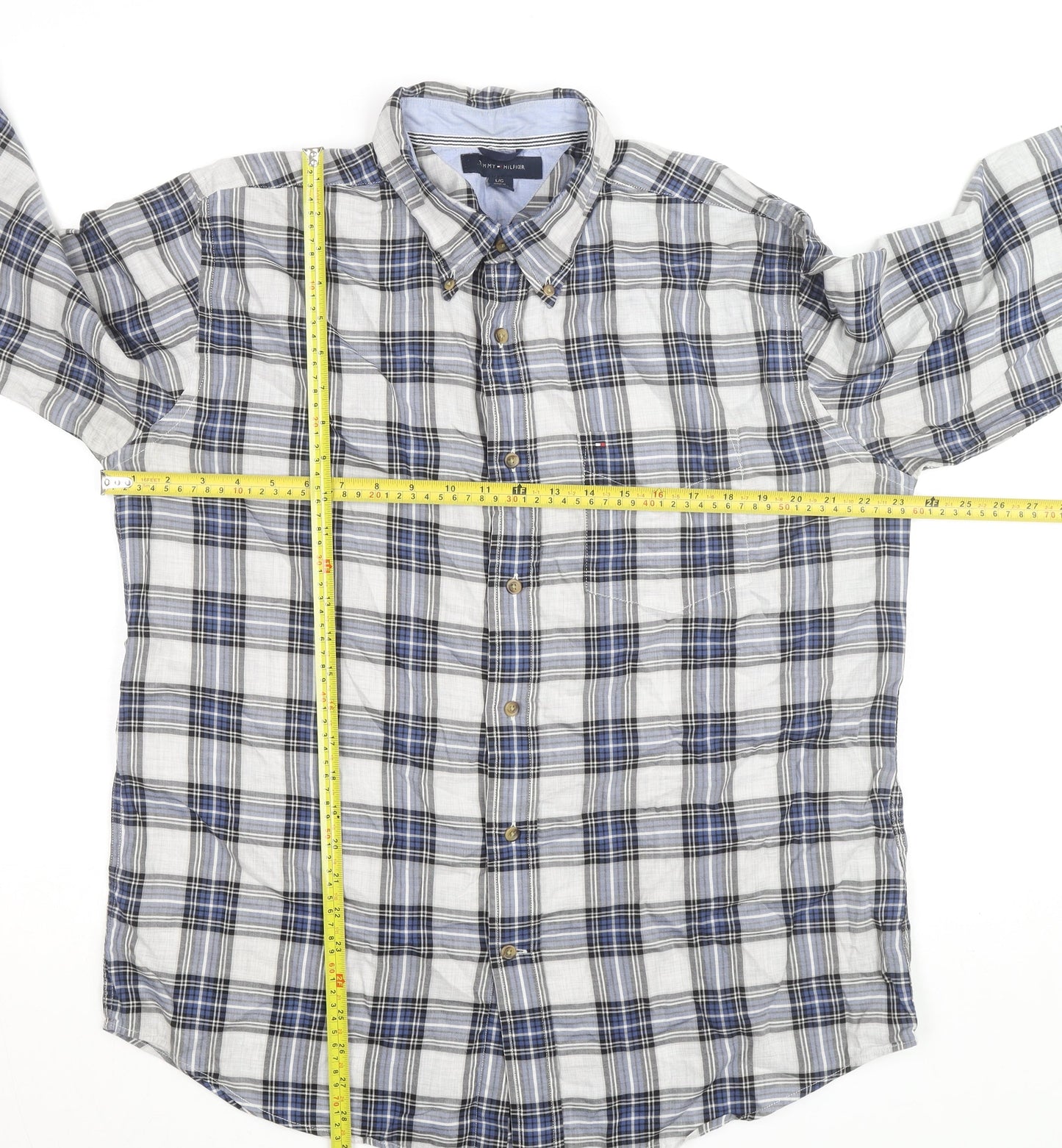 Tommy Hilfiger Men's Blue Plaid Button-Down Long Sleeve Cotton Shirt L