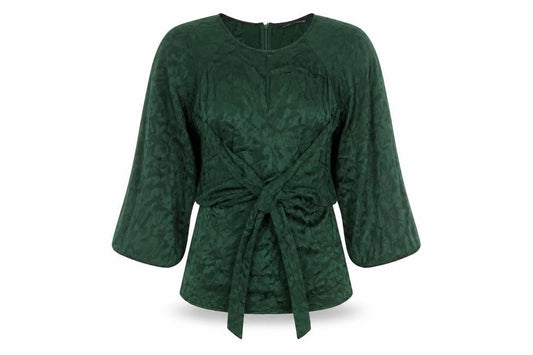 Front view of Zara Woman Green Wrap Jacquard Blouse, size M, 3/4 Sleeve