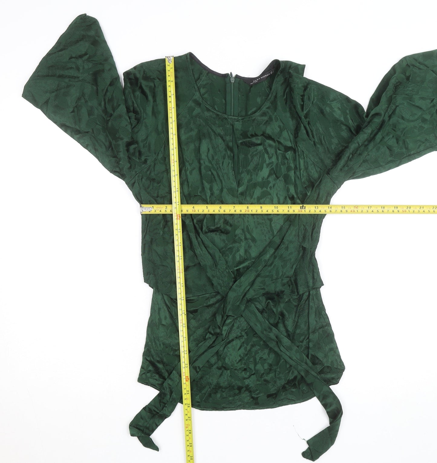 Zara Woman Green Wrap Jacquard Blouse Size M 3/4 Sleeve