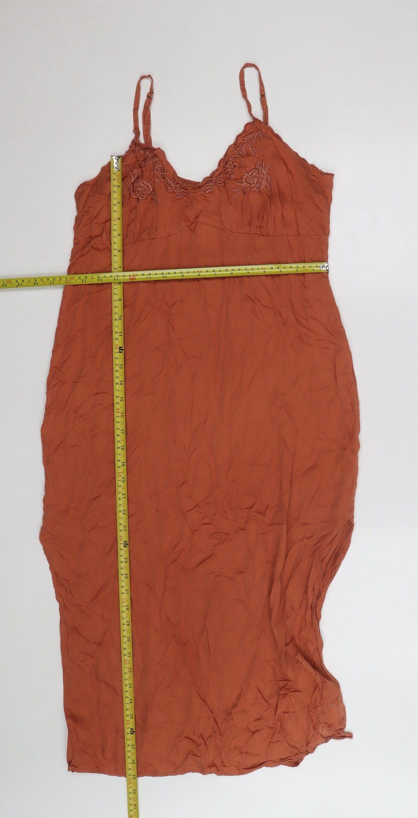 River Island Women's Brown Embroidered Slip Dress Size 8 Midi