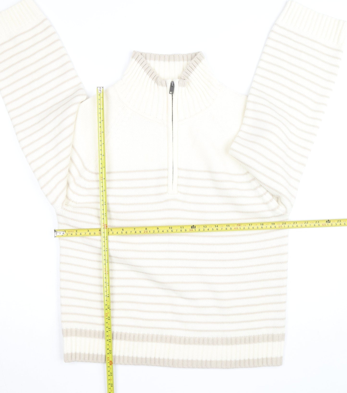 Dunnes Stores Women Ivory Striped 1/4 Zip High Neck Jumper Size 14