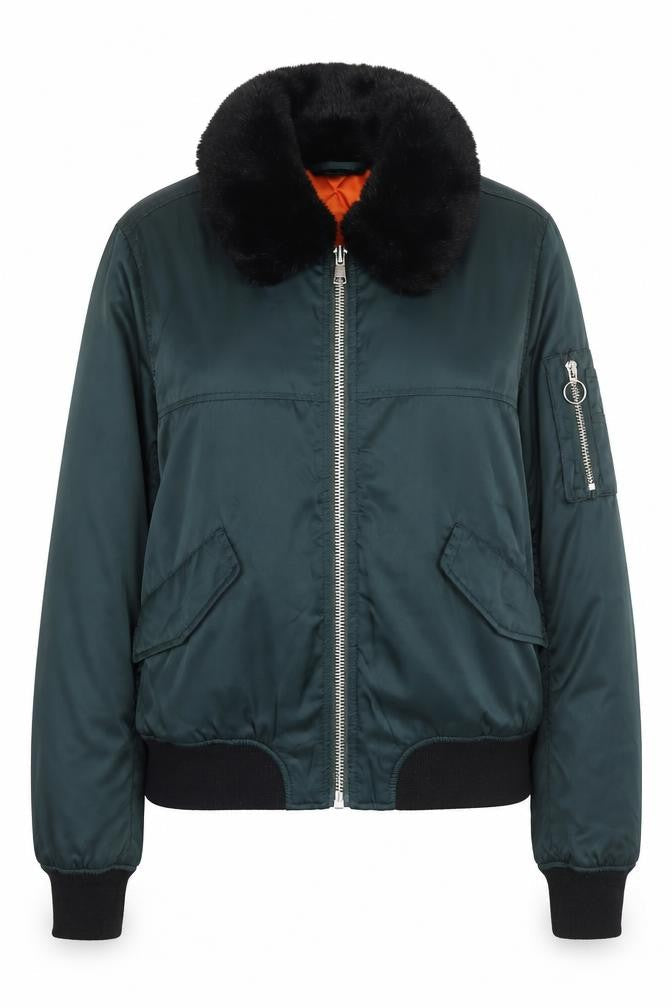 Topshop Women Green Faux Fur Collar Bomber Jacket Size 8