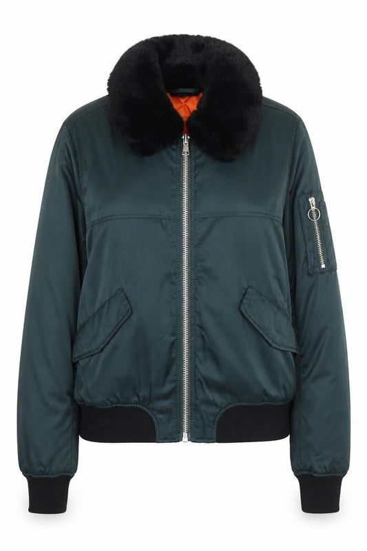 Topshop Women Green Faux Fur Collar Bomber Jacket Size 8