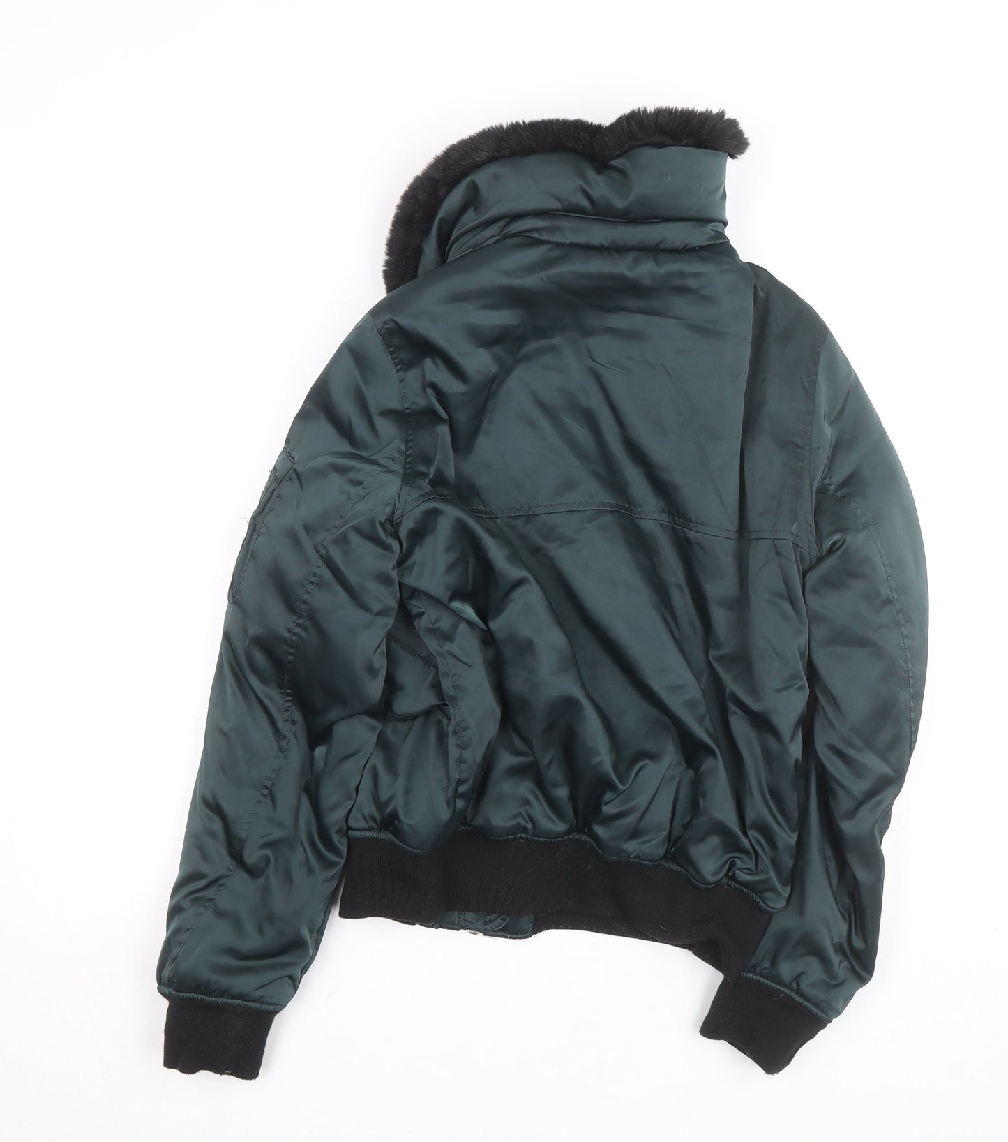 Topshop Women Green Faux Fur Collar Bomber Jacket Size 8