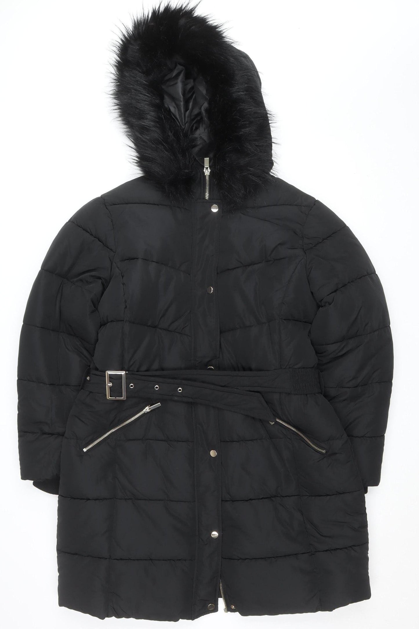 Sosandar Women’s Black Long Puffer Coat Size 18 Belted Hooded Winter Jacket