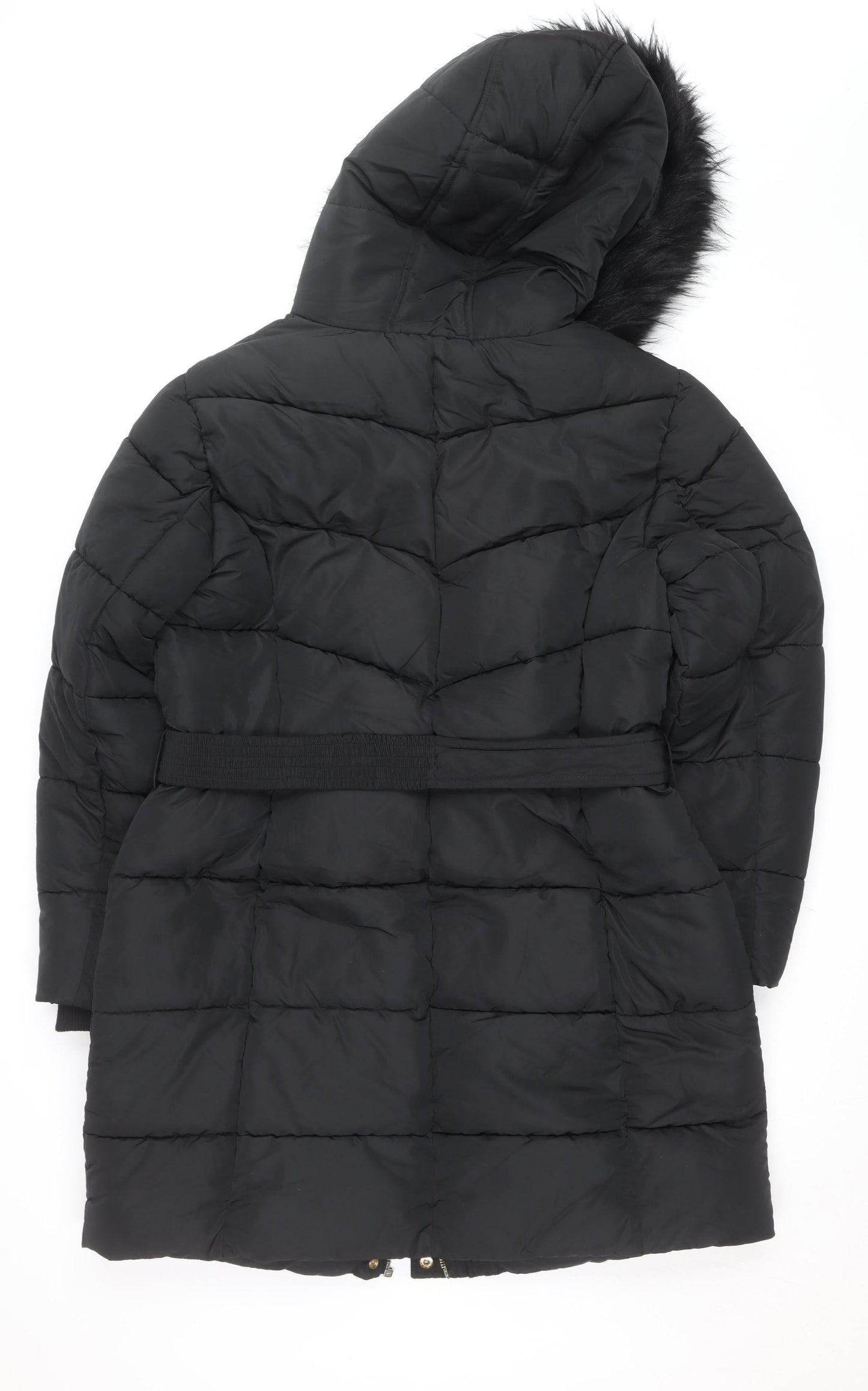 Sosandar Women’s Black Long Puffer Coat Size 18 Belted Hooded Winter Jacket
