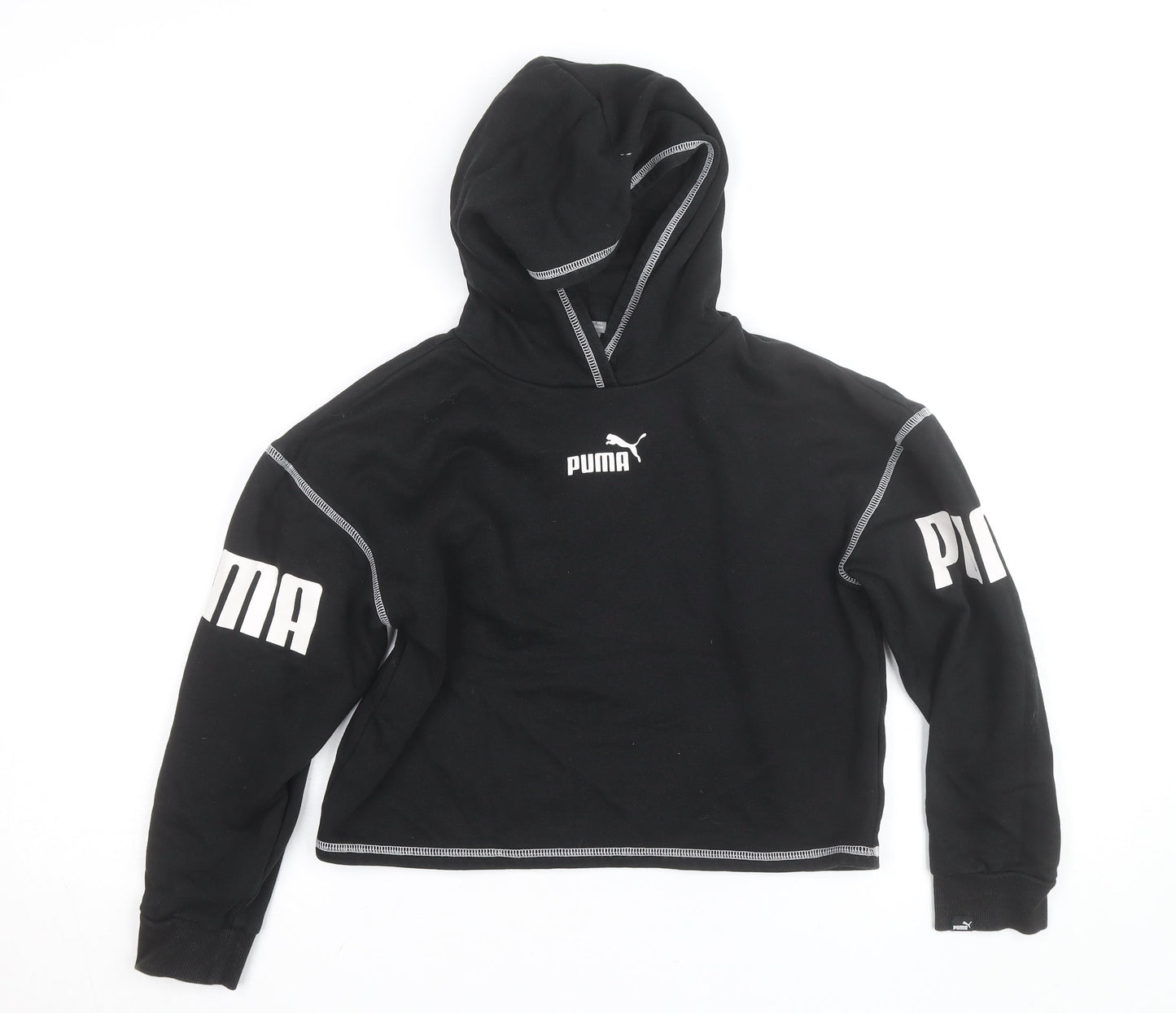 Puma Girls Black 11-12 Years Pullover Logo Hoodie Fleece
