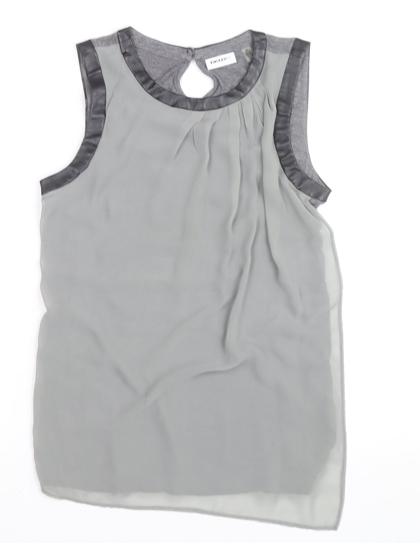 DKNYC Women's Grey Sleeveless Chiffon Top XS Faux Leather Trim