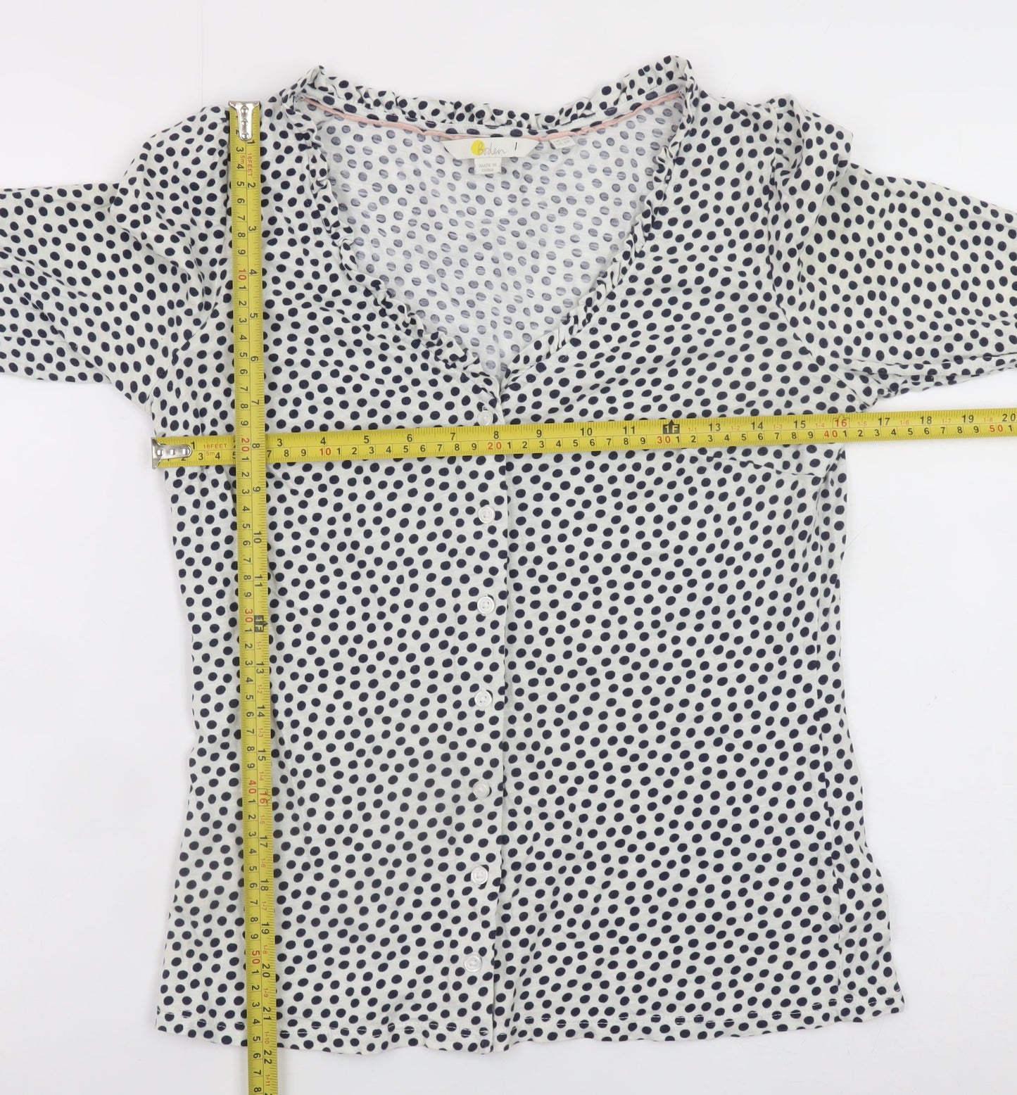 Boden Women's White Polka Dot Cotton Blouse Size 10R 3/4 Sleeve