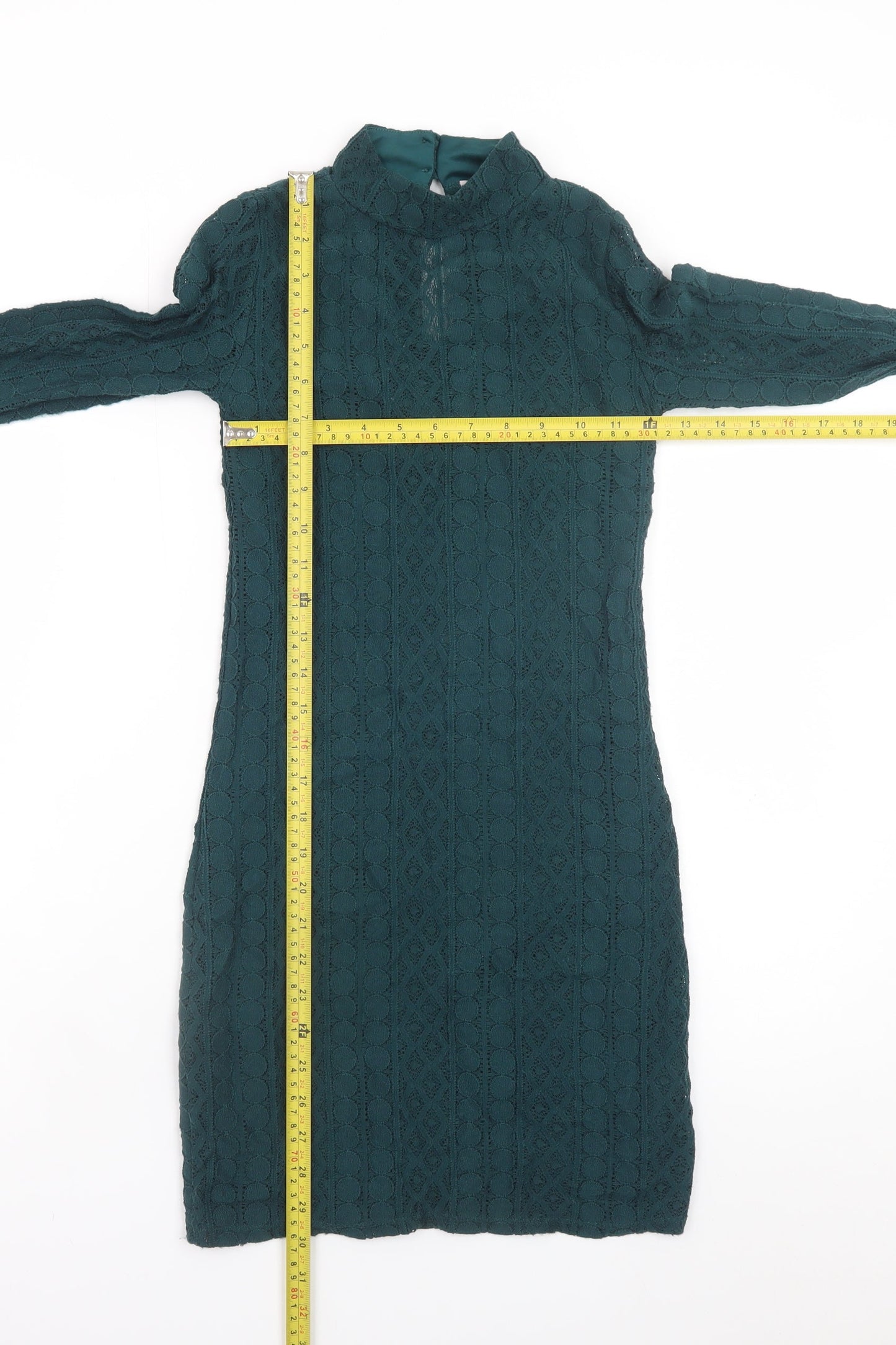 Miss Selfridge Women’s Green Lace Shift Dress Size 6 Long Sleeve High Neck
