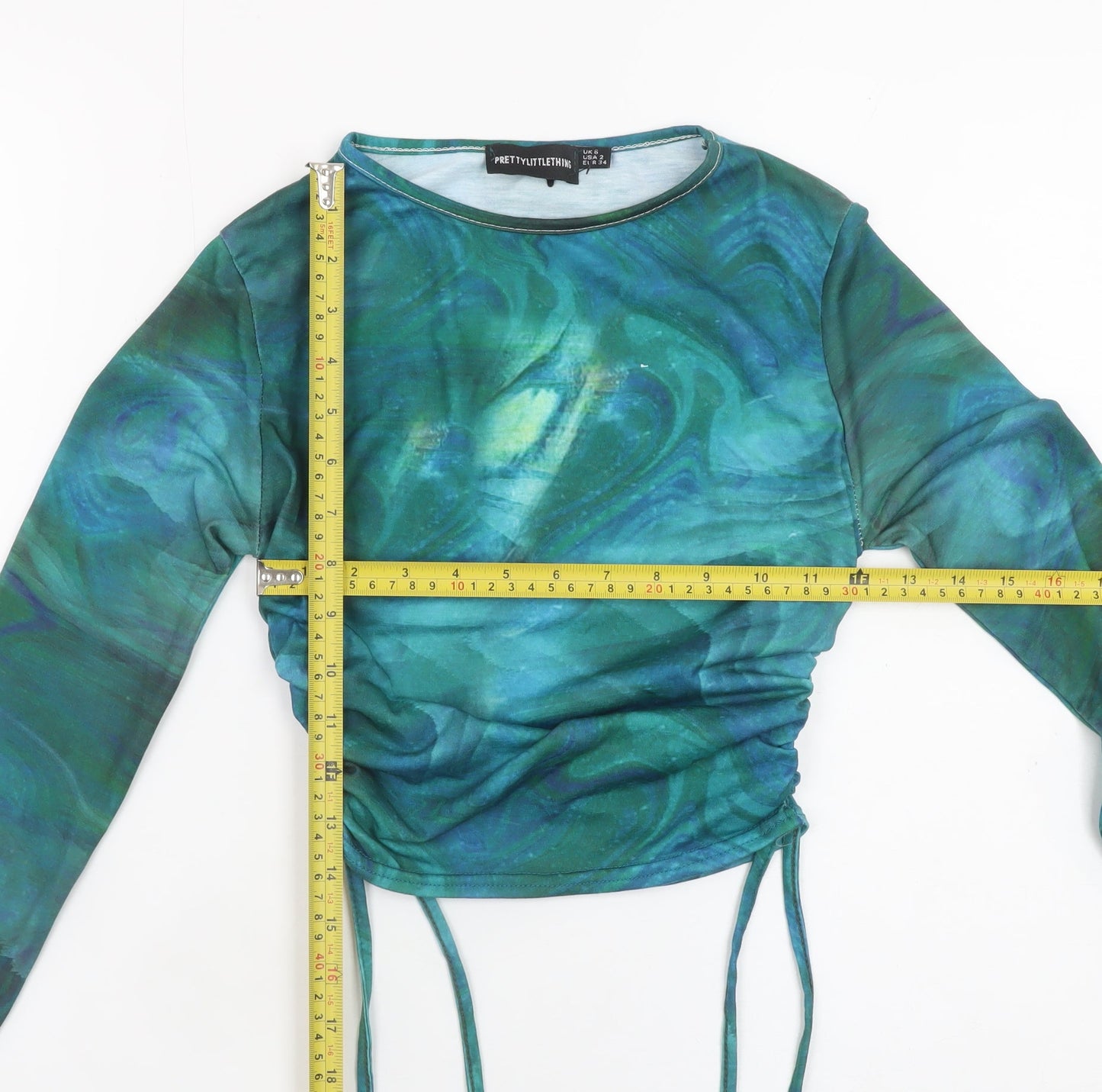 PrettyLittleThing Women’s Multicoloured Ruched Long Sleeve Cropped T-Shirt Size 6
