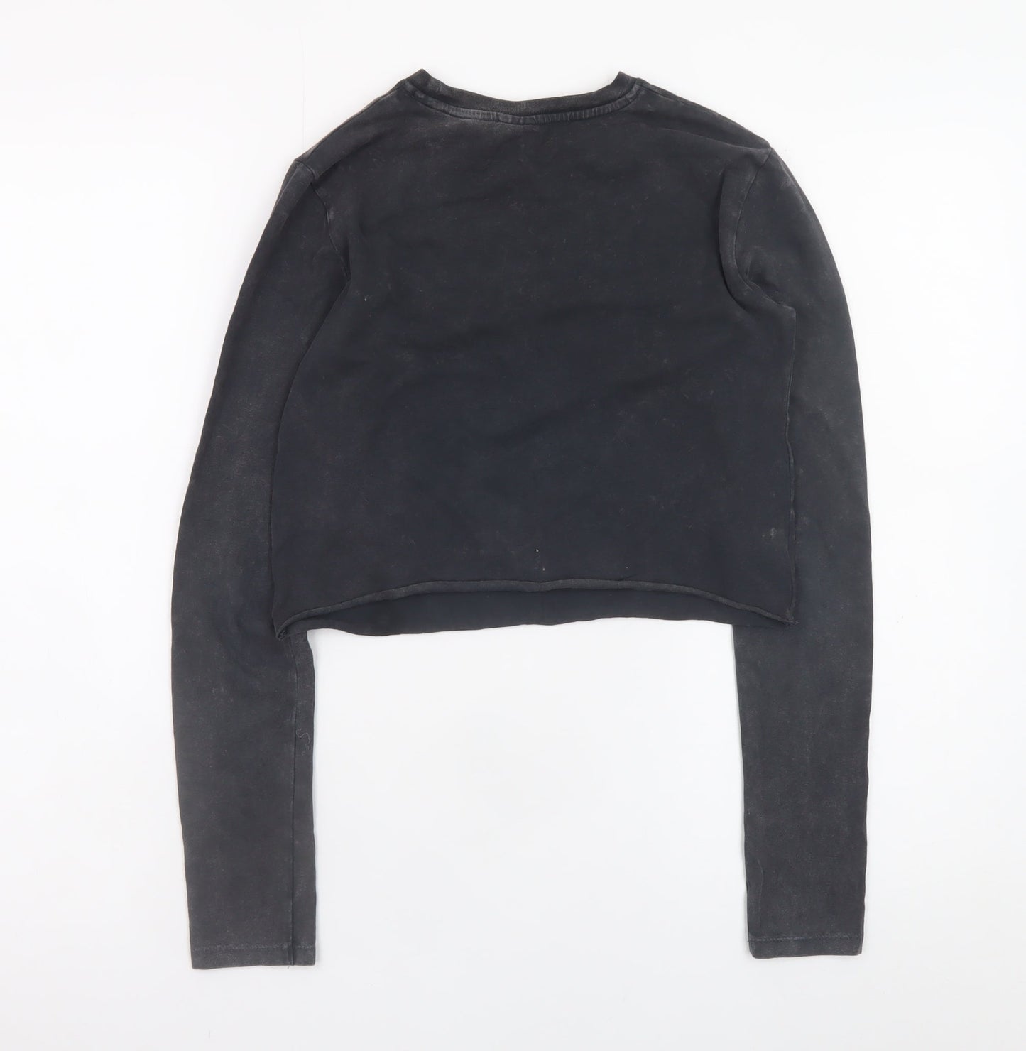 Bershka Women Black Cropped Long Sleeve Seoul Graphic T-Shirt Size S