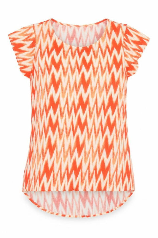 b.young Women Orange Geometric Short Sleeve Viscose T-Shirt Size 6