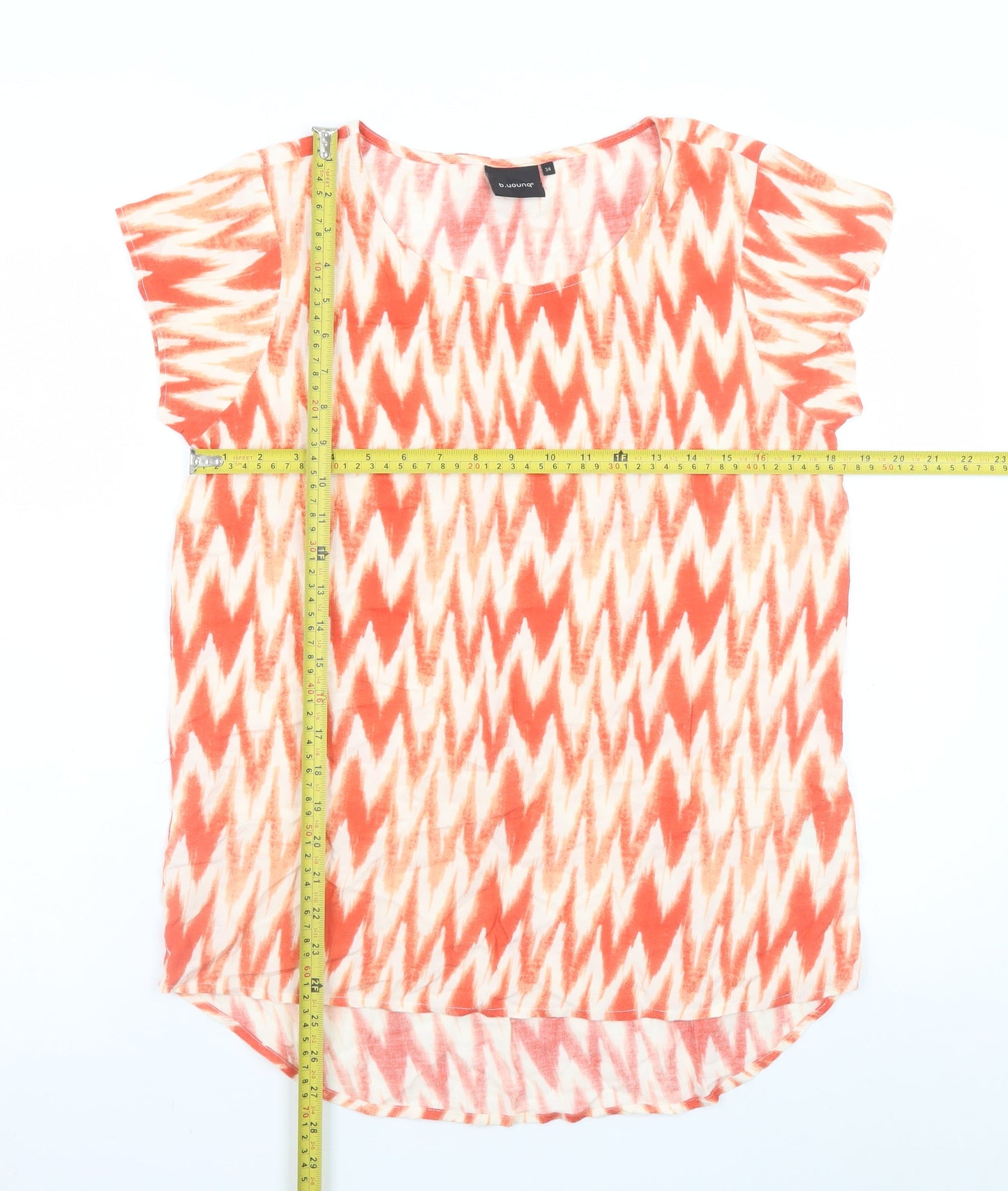 b.young Women Orange Geometric Short Sleeve Viscose T-Shirt Size 6