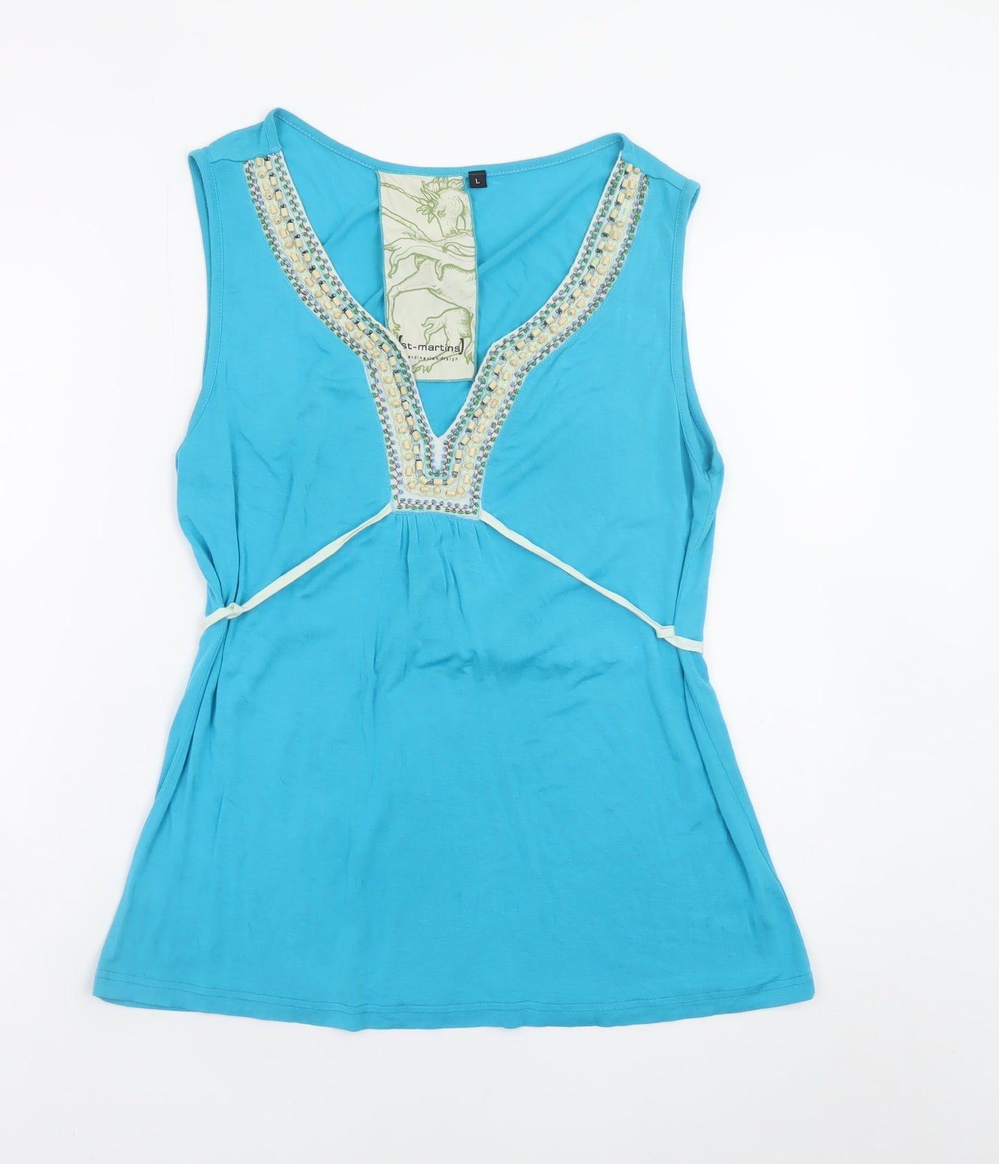 St Martins Women Blue Sleeveless Beaded V-Neck Tunic Top Size L
