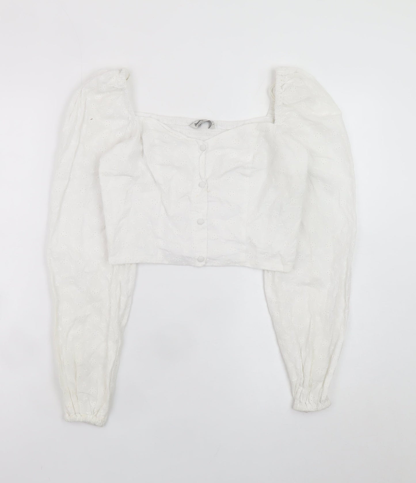 Stradivarius Women’s White Cropped Lace Blouse Puff Sleeve Size 8
