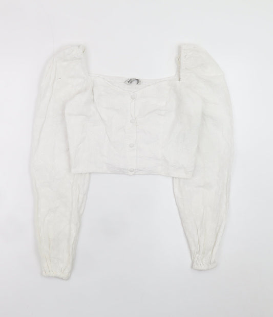 Stradivarius Women’s White Cropped Lace Blouse Puff Sleeve Size 8