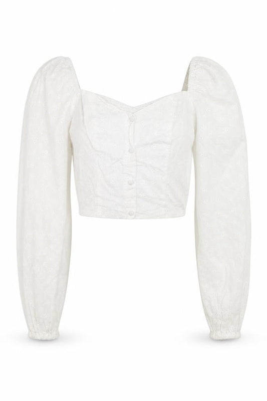 Stradivarius Women’s White Cropped Lace Blouse Puff Sleeve Size 8