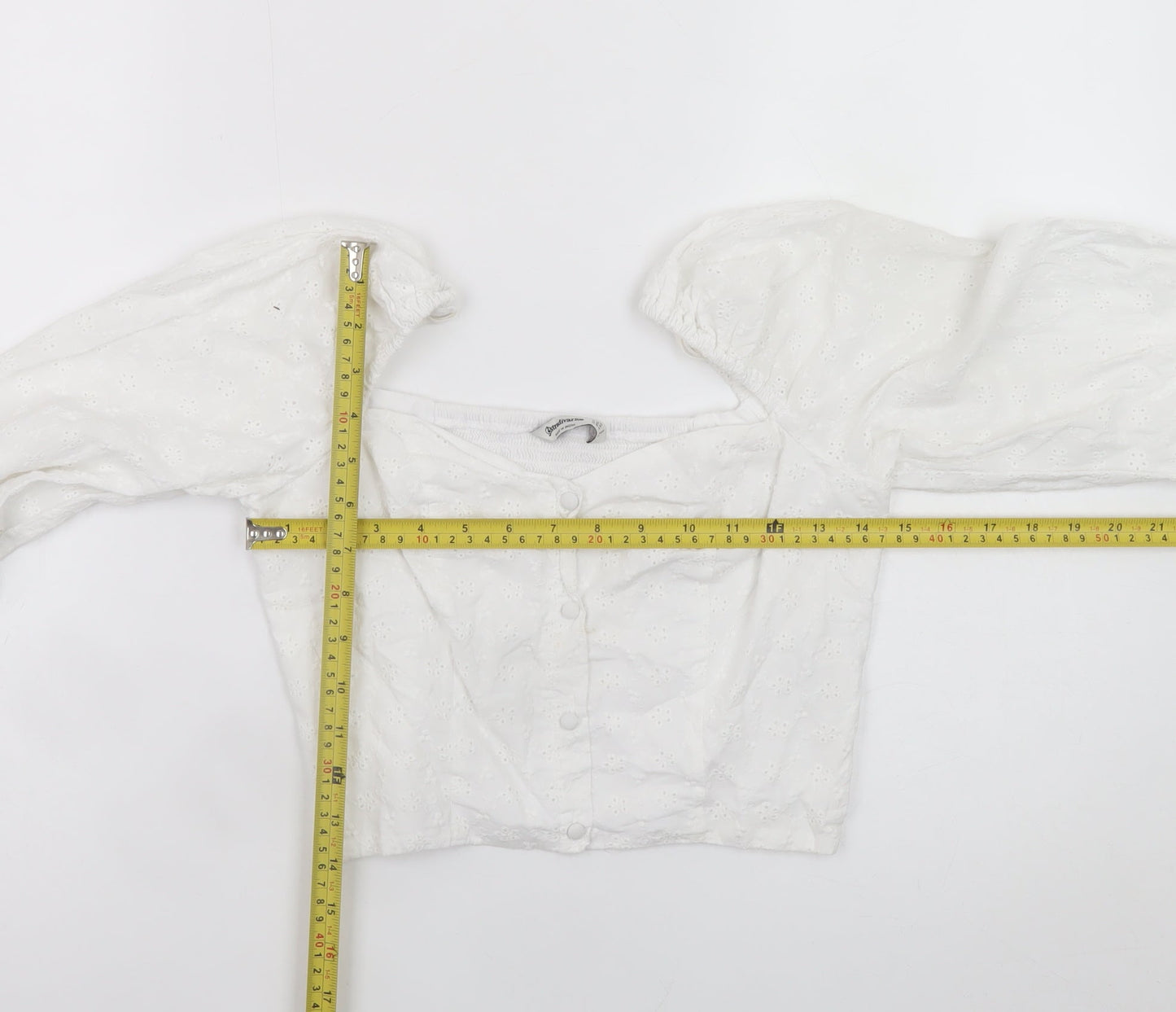 Stradivarius Women’s White Cropped Lace Blouse Puff Sleeve Size 8