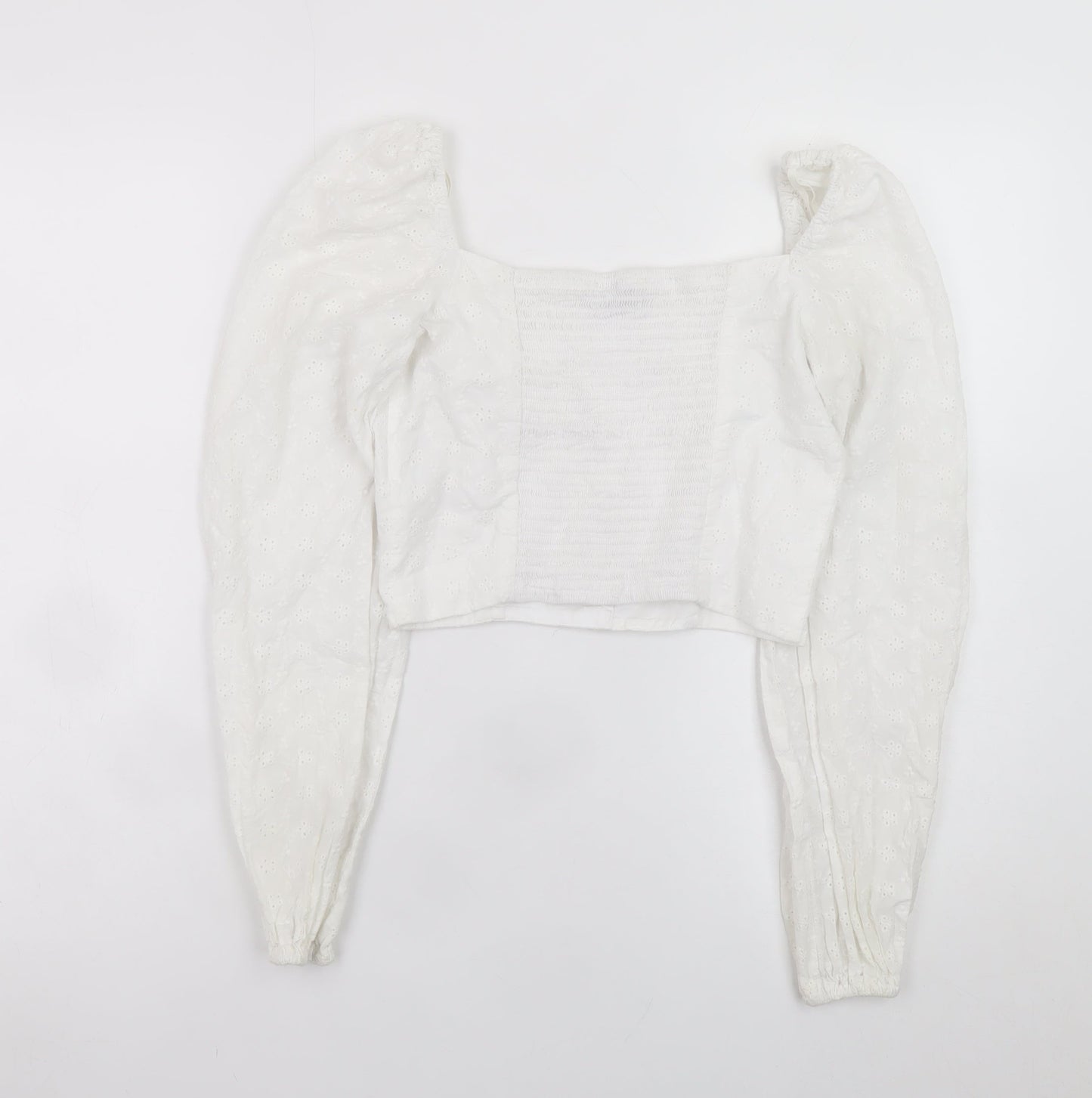 Stradivarius Women’s White Cropped Lace Blouse Puff Sleeve Size 8