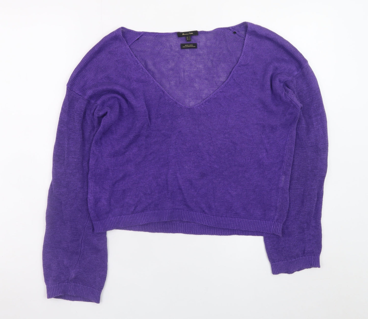Massimo Dutti Women Purple Small V-Neck Long Sleeve Linen Jumper