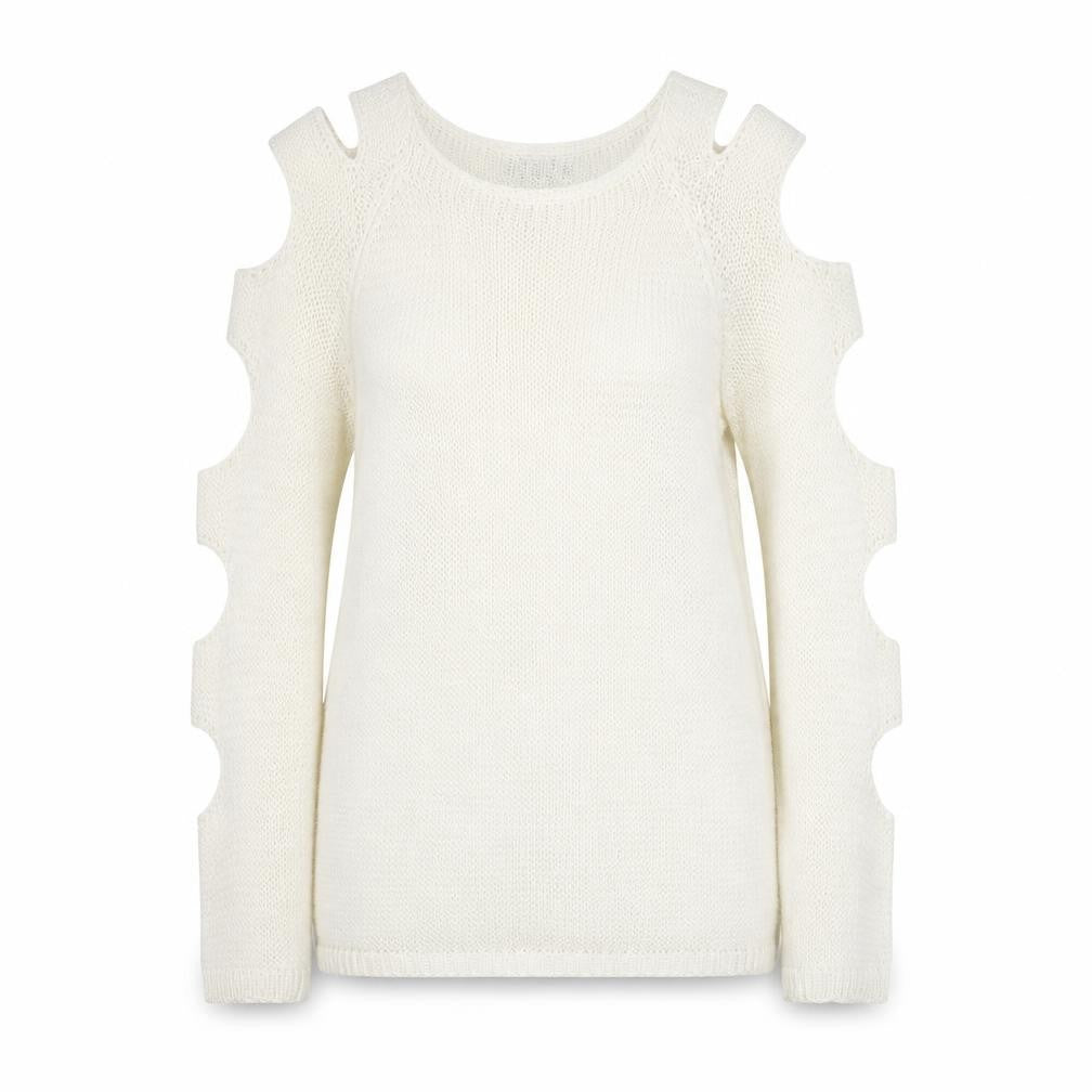 Hailys Women White Cold Shoulder Knit Pullover Jumper M
