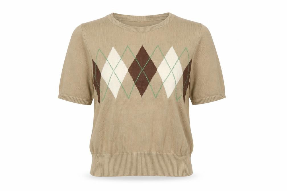 STR Women’s Beige Argyle Short Sleeve Knit Pullover Jumper Size 12