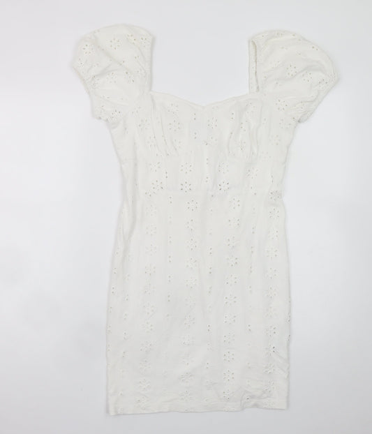 ASOS Women White Size 10 Short Puff Sleeve Cotton Shift Dress
