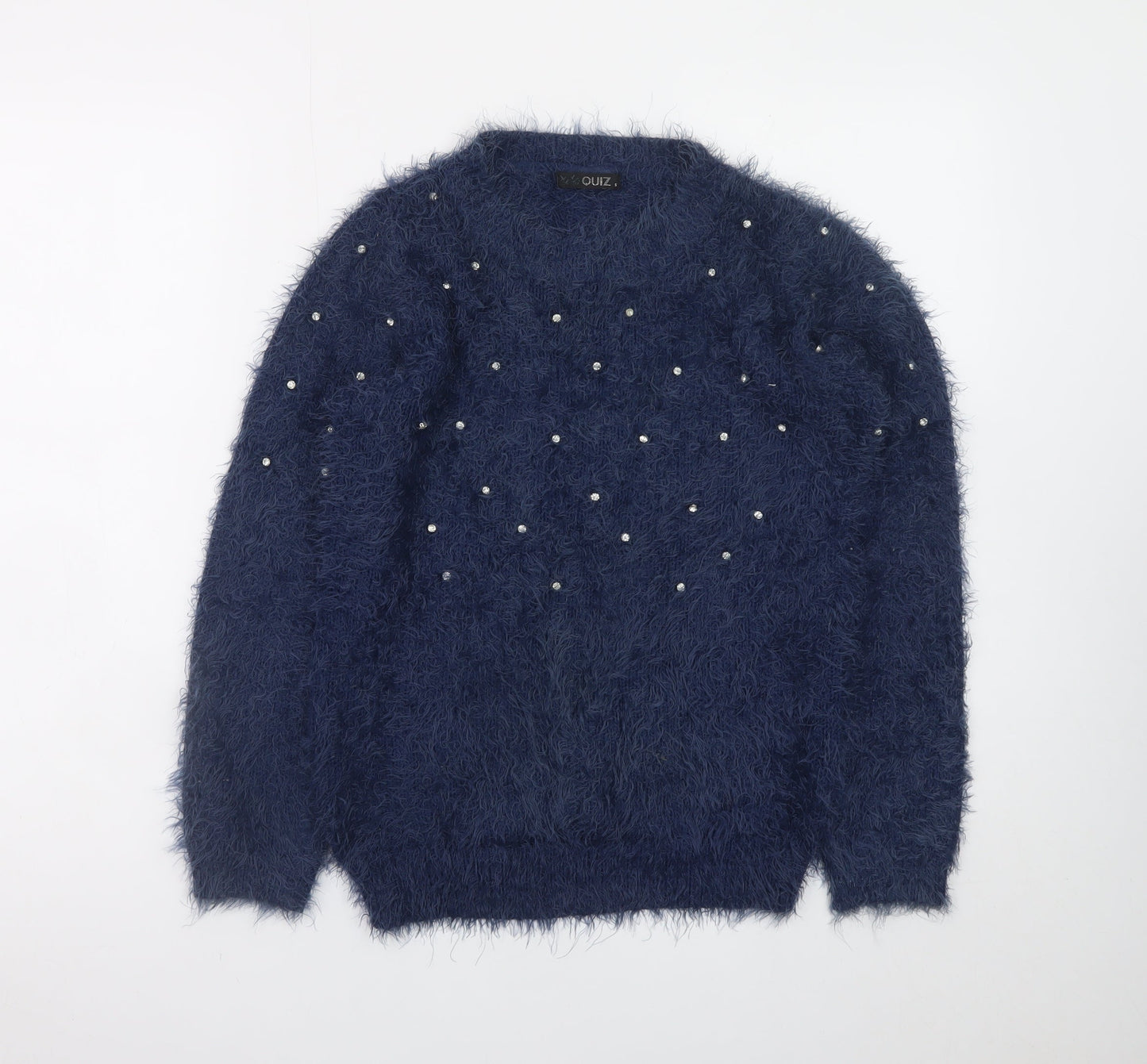 Quiz Women's Blue Beaded Fuzzy Knit Long Sleeve Jumper S