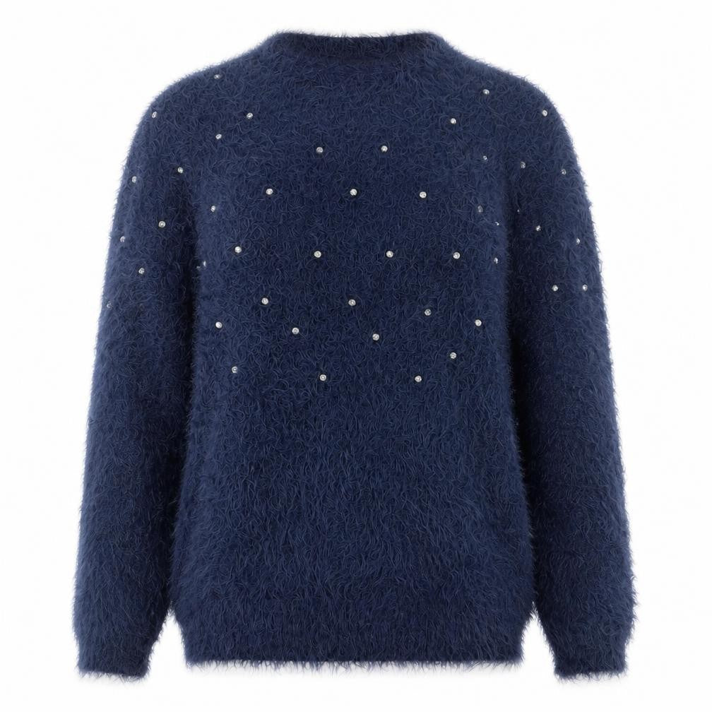 Quiz Women's Blue Beaded Fuzzy Knit Long Sleeve Jumper S