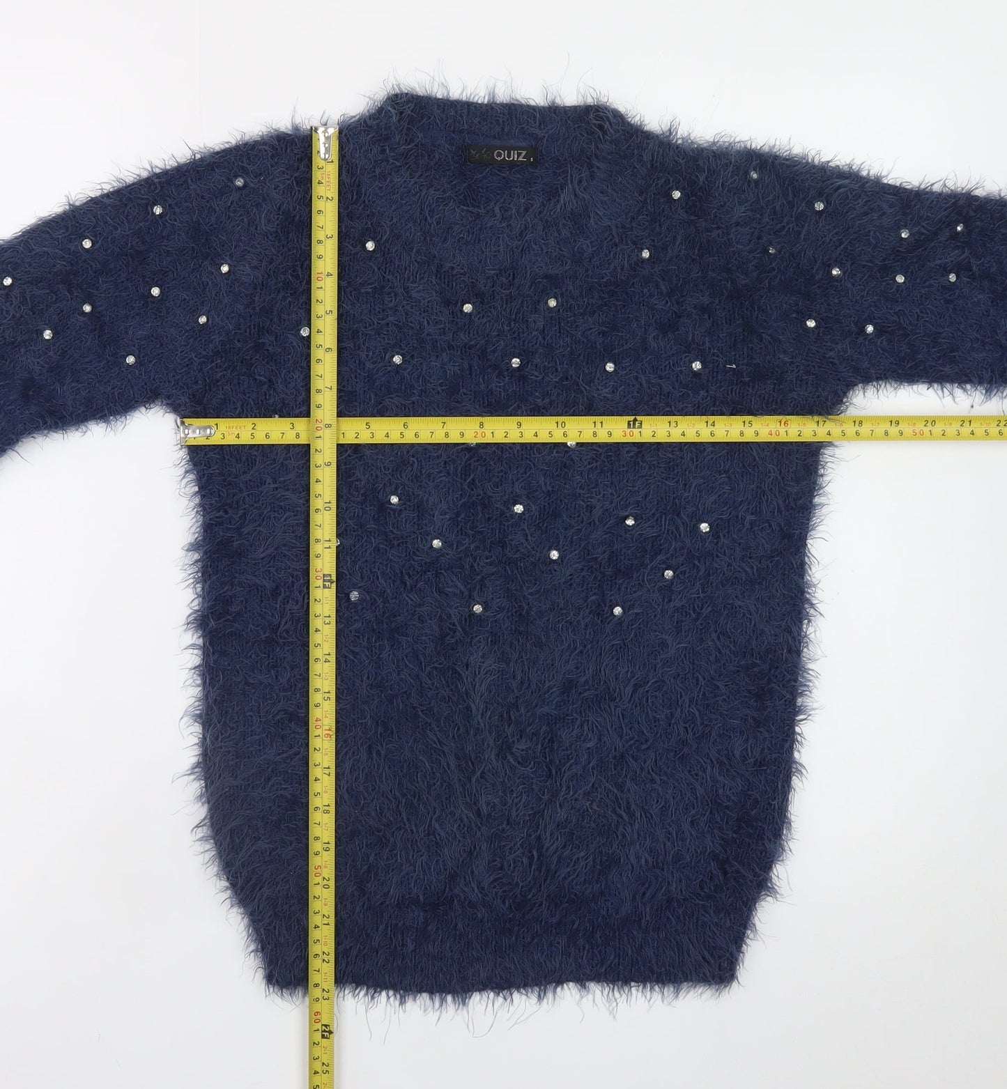 Quiz Women's Blue Beaded Fuzzy Knit Long Sleeve Jumper S