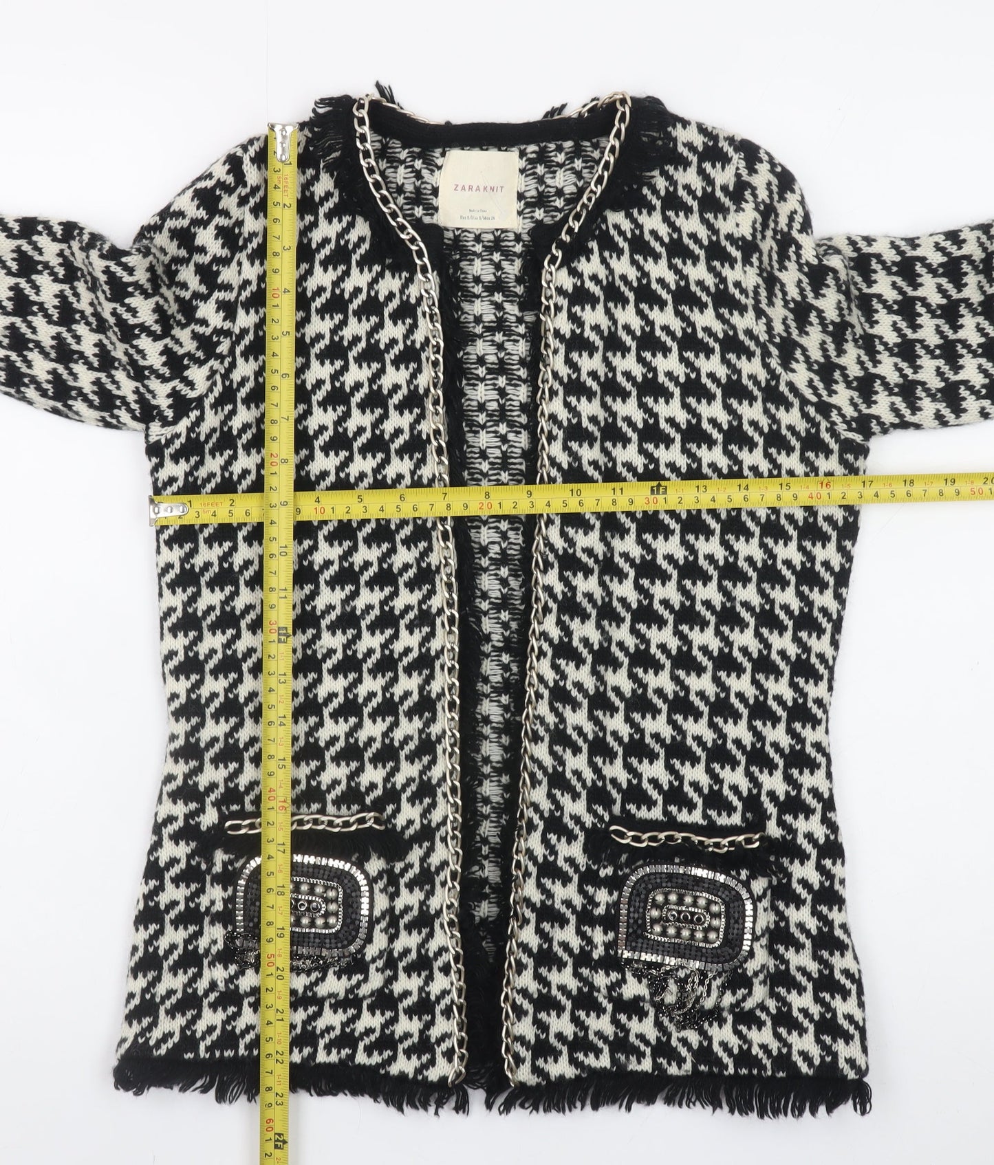 ZARA Knit Women Black & White Cardigan Small Houndstooth Beaded