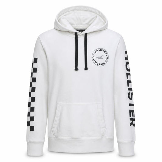 Hollister Men's White Pullover Hoodie M Logo Graphic Fleece Sweatshirt