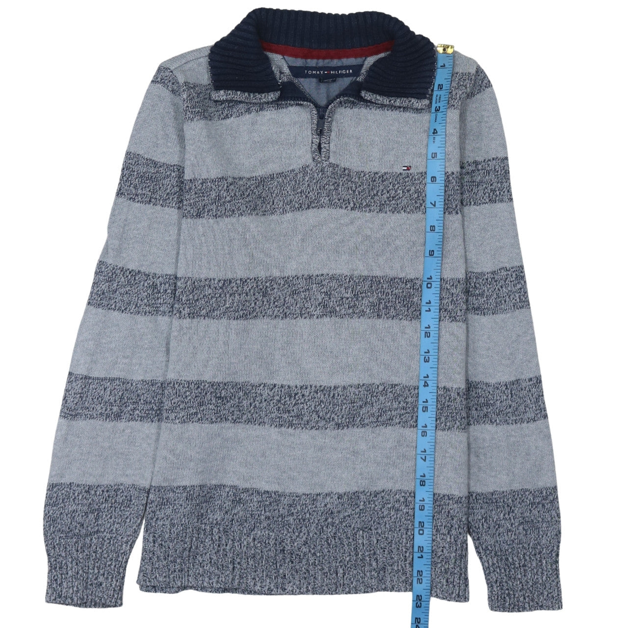 Tommy Hilfiger Womens Grey Striped Cotton 1/4 Zip Jumper M
