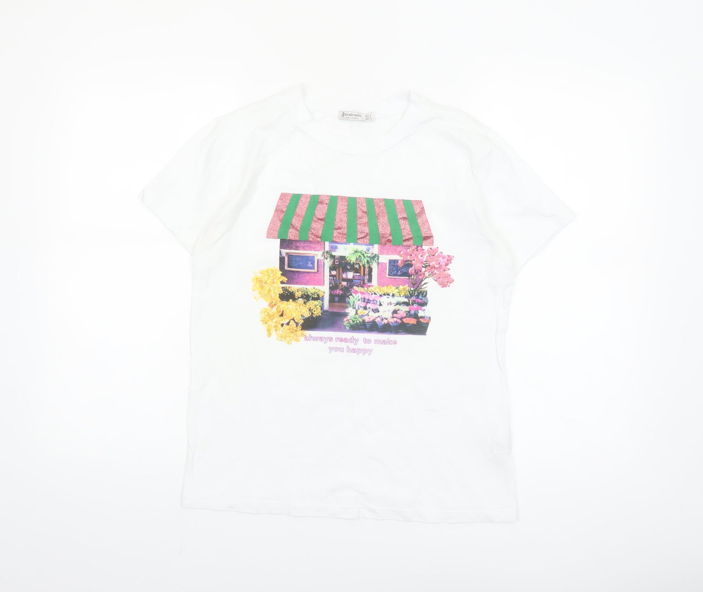 Stradivarius Women White Floral Graphic T-Shirt Short Sleeve Size S