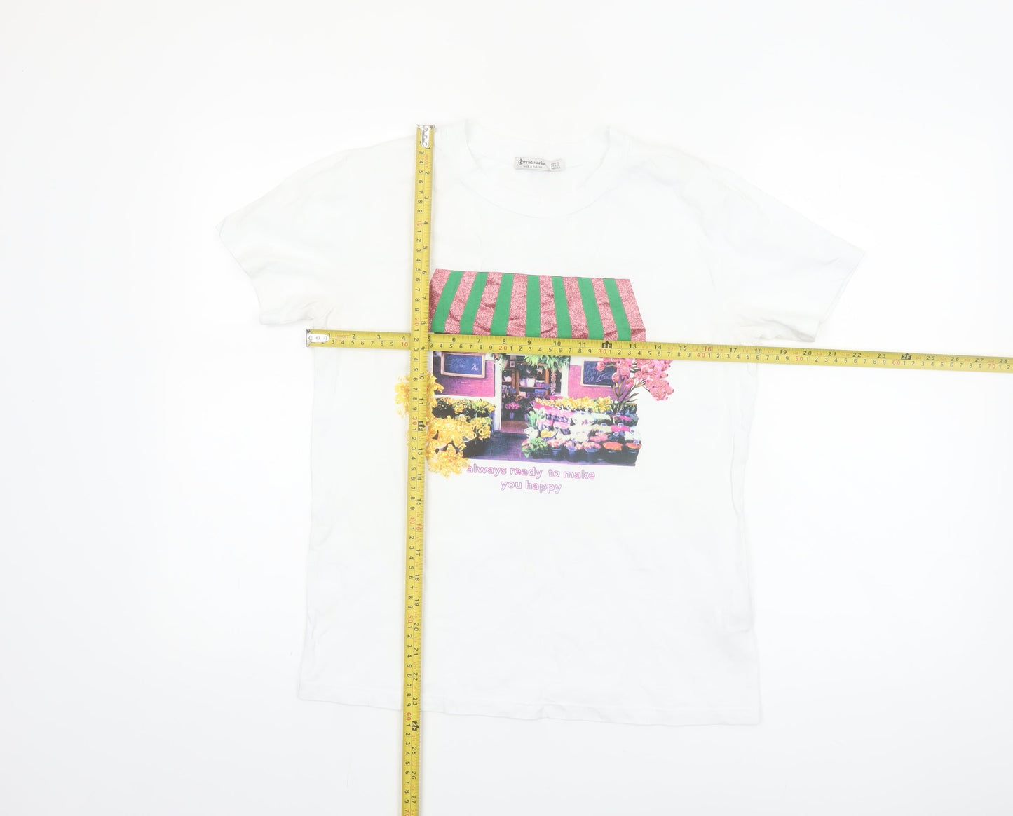 Stradivarius Women White Floral Graphic T-Shirt Short Sleeve Size S