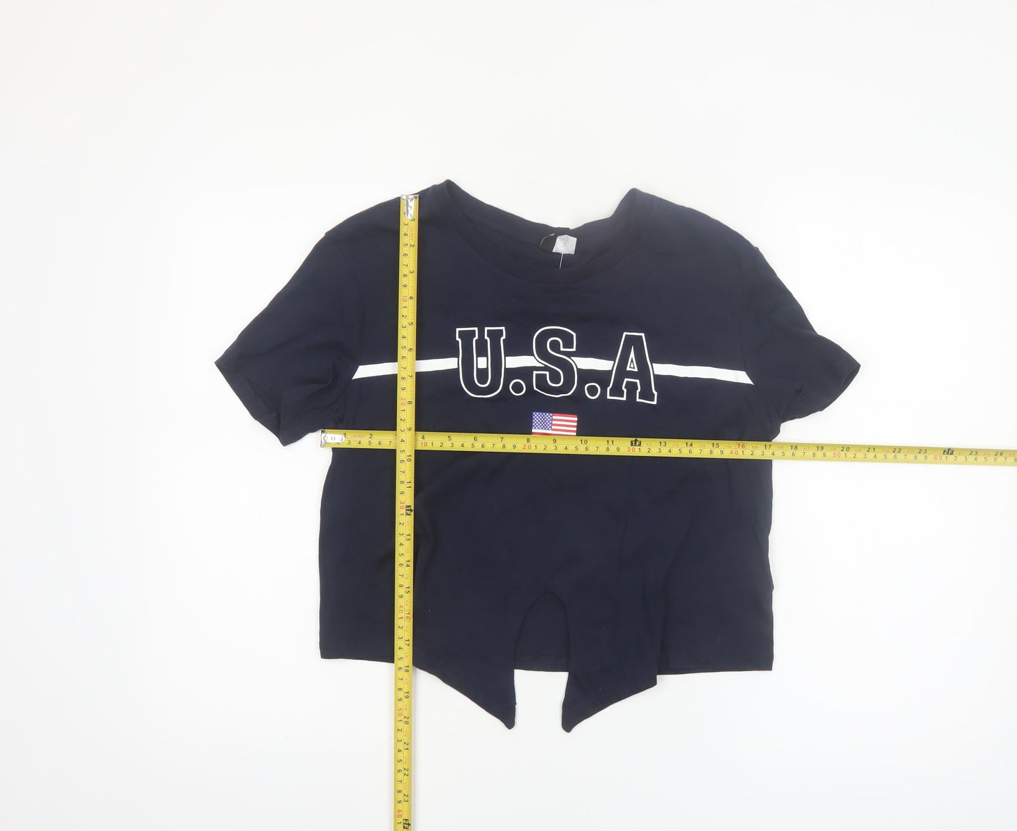 H&M Divided Women’s Blue Cropped USA Print Cotton T-Shirt Size 10