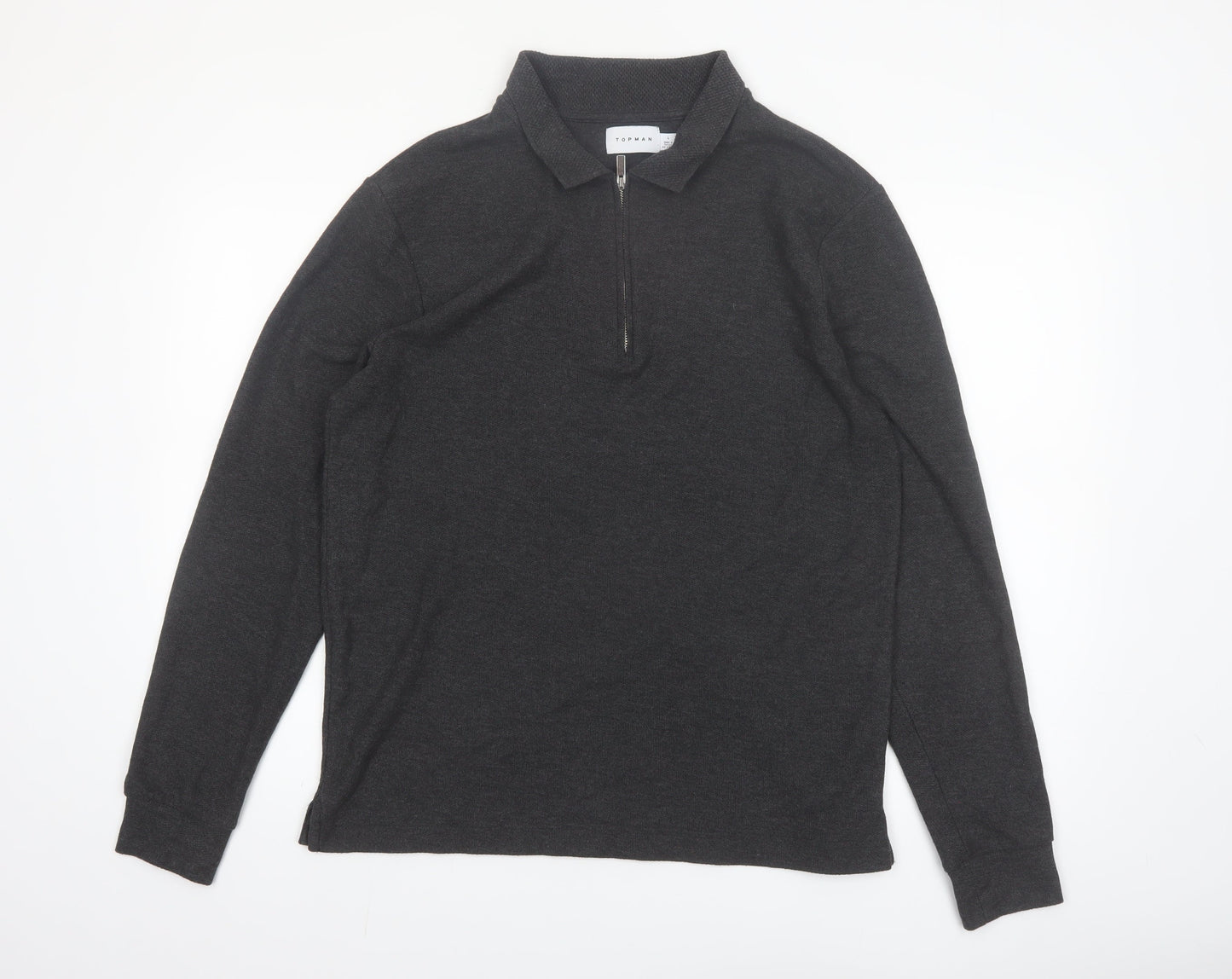 Topman Men's Grey Long Sleeve 1/4 Zip Polo Shirt Size L