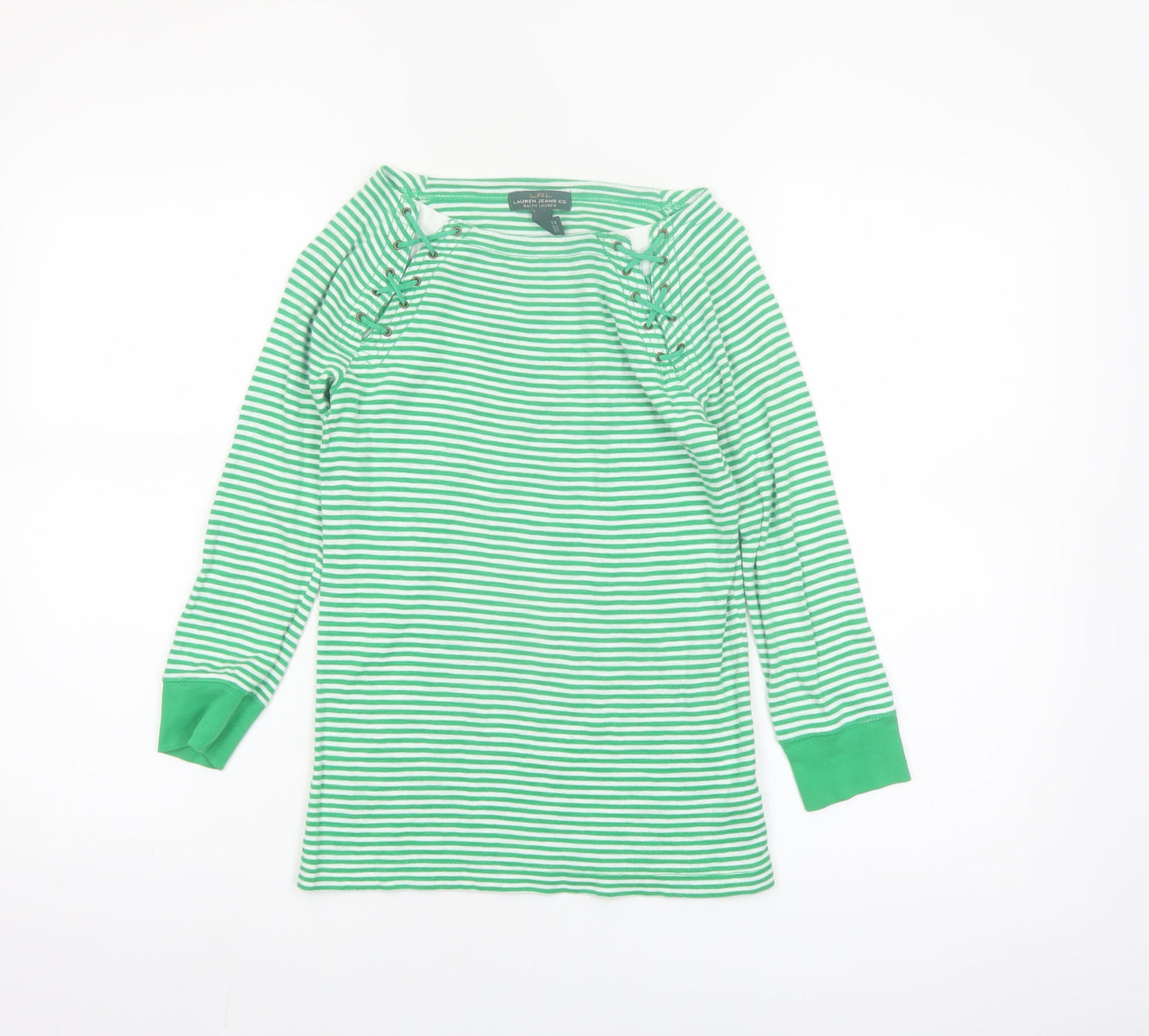 Ralph Lauren LRL Women's Green White Striped Cotton Long Sleeve Top XS