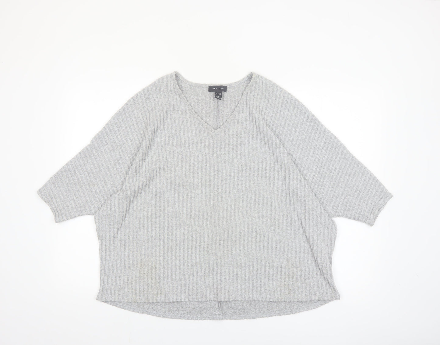 New Look Women's Grey Knit V-Neck Tunic Top S/M Relaxed Fit