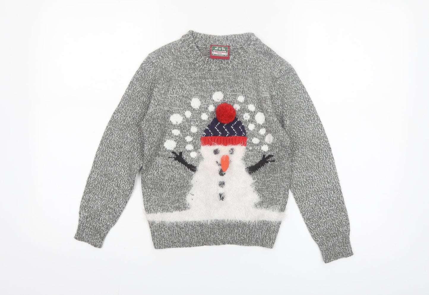 Christmas Shop Boys Grey Knitted Snowman Ugly Jumper 7-8 Years Winter Sweater