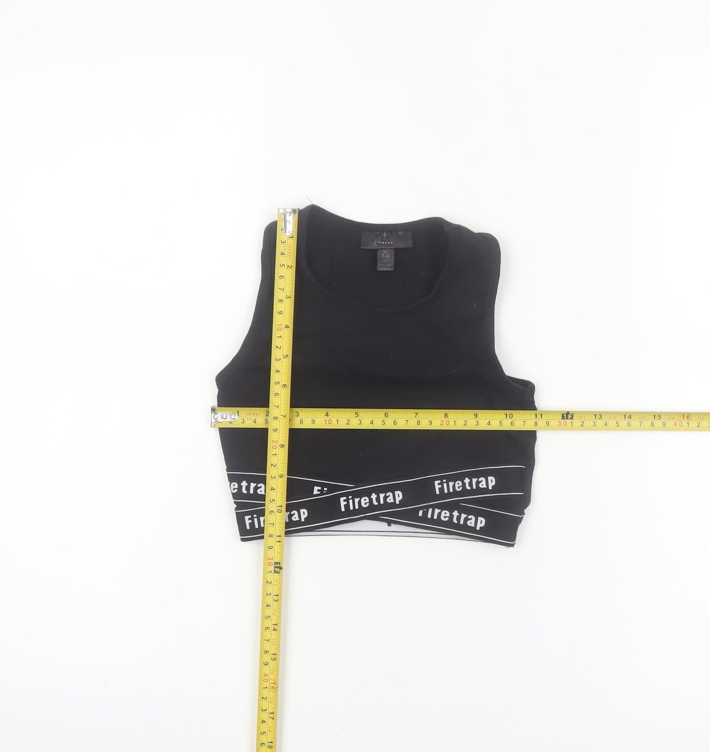 Firetrap Girls Black Cropped Tank Top 7-8 Years Logo Elastic Sports Style