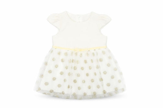 Front view of Visara girls’ ivory gold polka dot tutu dress 9-12 months party wear