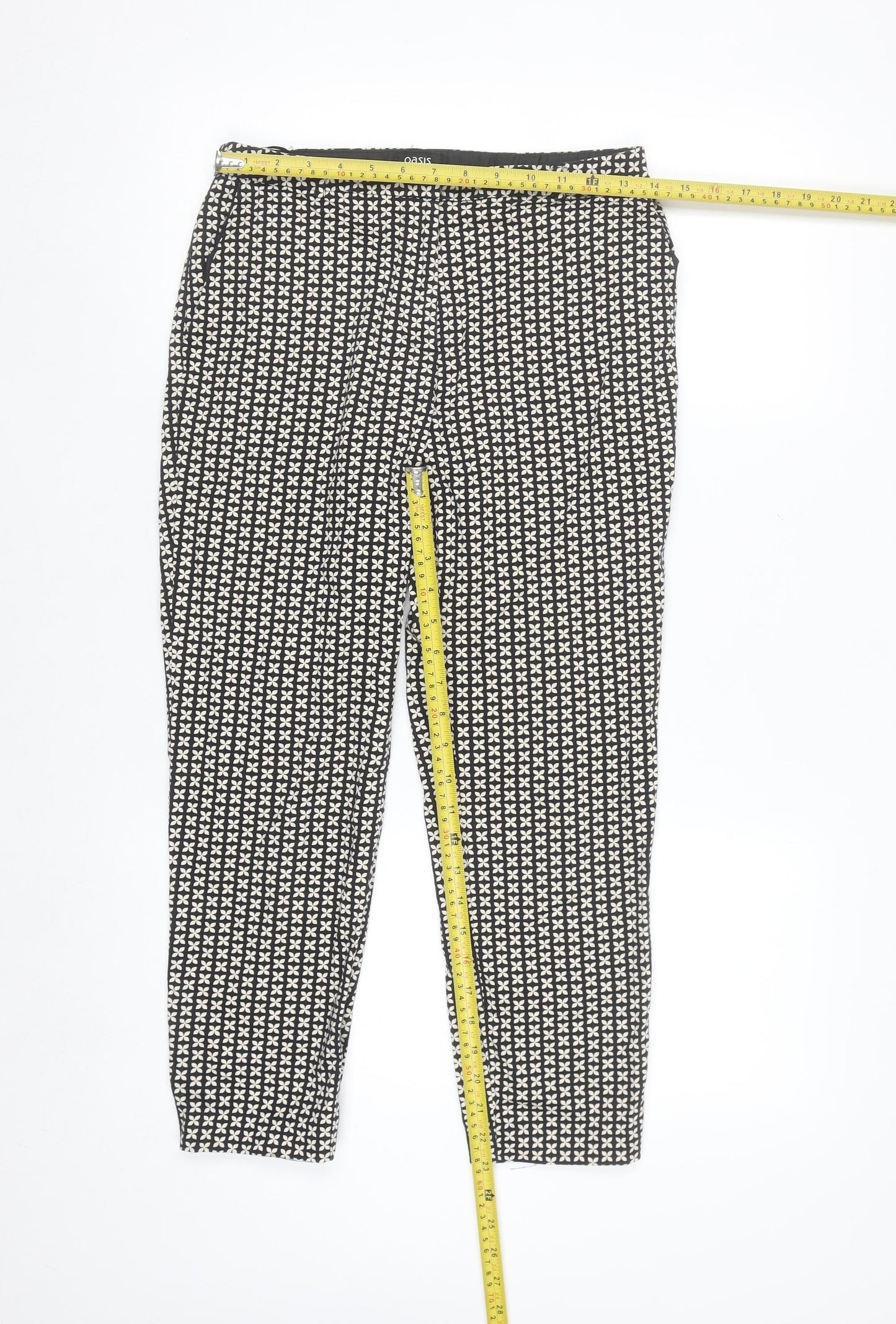 Oasis Women Black & White Patterned Cotton Stretch Slim Trousers Size 8