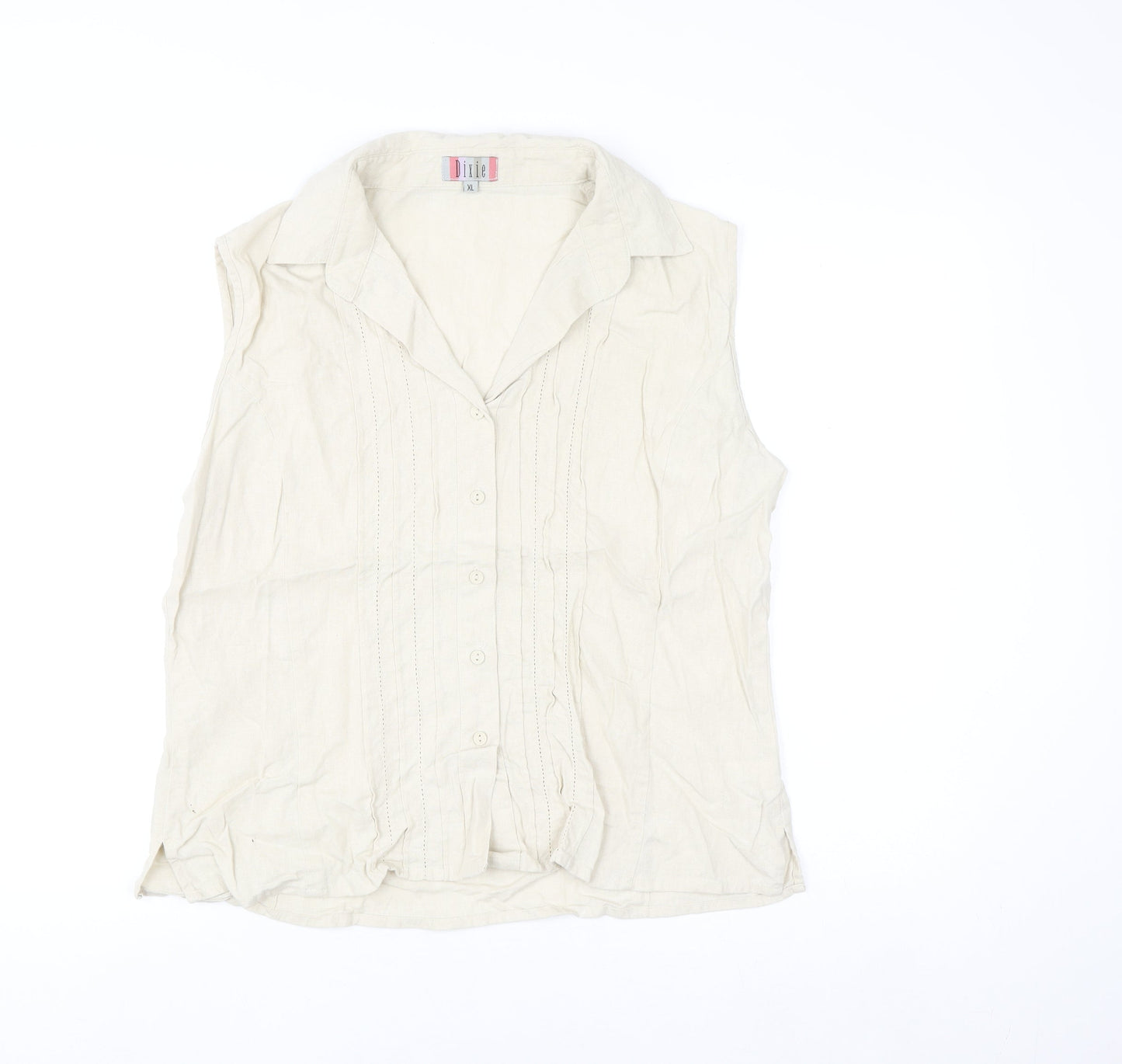 Dixie Women Beige Linen Blend Sleeveless Collared Blouse XL