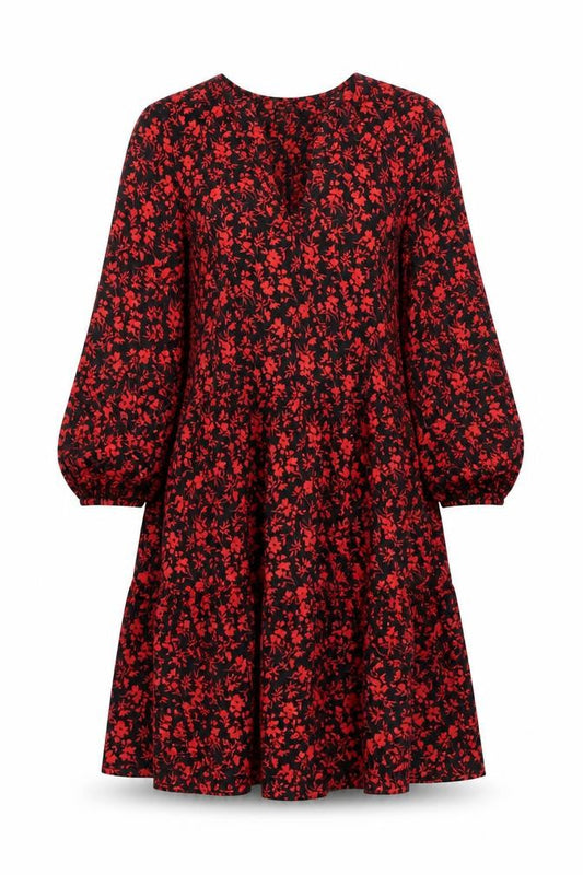 Primark Women’s Black Red Floral A-Line V-Neck 3/4 Sleeve Dress Size 8